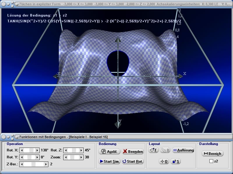 MathProf -  3D Darstellung - Flächen - Fläche - Tangentialebene - Funktion - z = f(x,y) dz/dx - Bedingungen - 3D - Berechnen - Rechner - Zeichnen - Darstellen - Plotten - Plotter - Grafisch - Simulation - Parameter - Images - Vektorwertige Funktion - Flächendarstellung im Raum