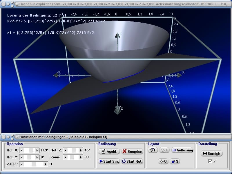 MathProf - Flächen - Fläche - Schnittkurve - Schnittkurven - Ebene - Schnittebene - 3D - Berechnen - Rechner - Zeichnen - Darstellen