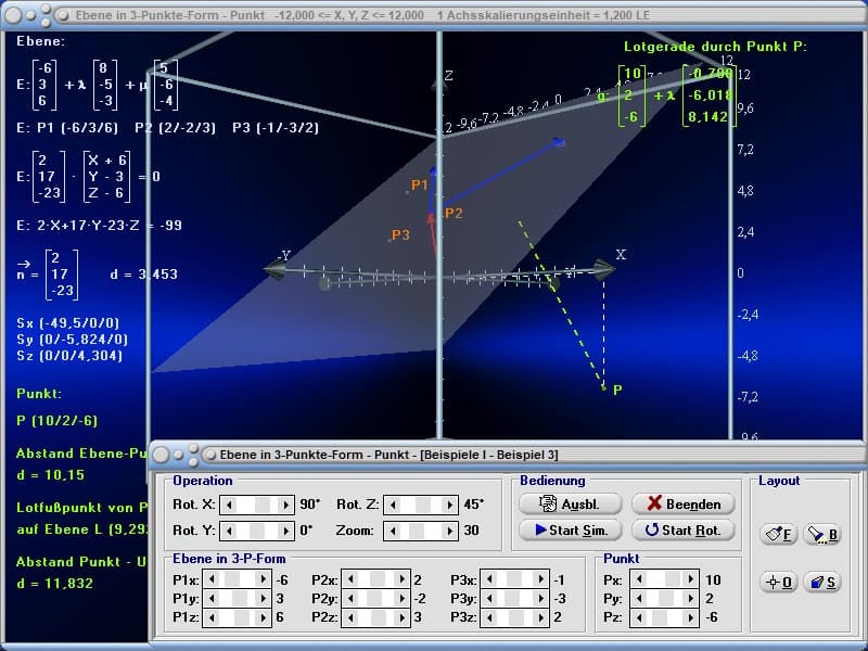 MathProf - Ebene - Gerade - Ebene darstellen - Abstand zwischen Gerade und Ebene - Ebene durch 3 Punkte - Dreidimensional - 3D - Zeichnen - Rechner