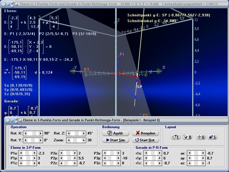 MathProf - Ebene - Simulator - Schnittpunkt Gerade Ebene - Schnitt Ebene Gerade - Lagebeziehung Punkt-Ebene - Richtungsvektor - Zeichnen - Plotten - Berechnen