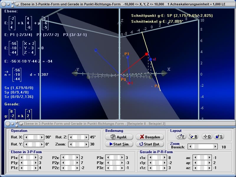 MathProf - Ebene - Beispiel - Plotter - Graph - Grafik - Koordinaten - Zeichnen - Darstellen - Darstellung - Komplanare Vektoren - Komplanarität - Rechner