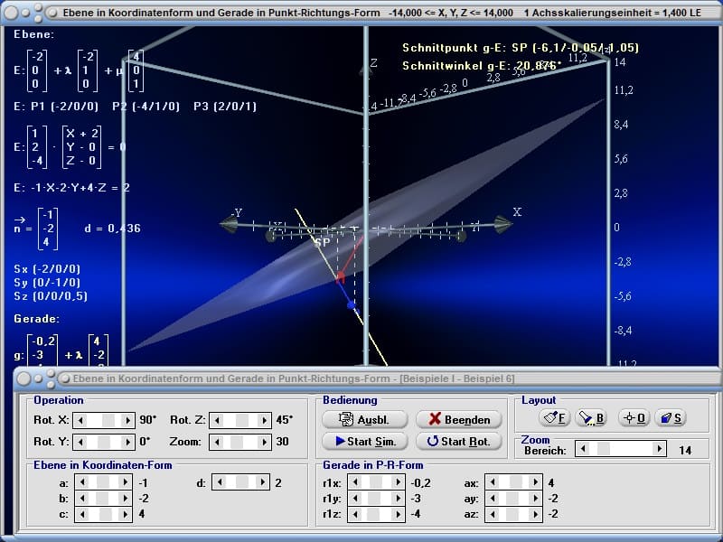 MathProf - Ebene - Ebene im Raum - Abstand zwischen Punkt und Ebene - Spurpunkte - Ebenen im Raum - Richtungsvektor einer Ebene bestimmen - Rechner - Berechnen - Zeichnen