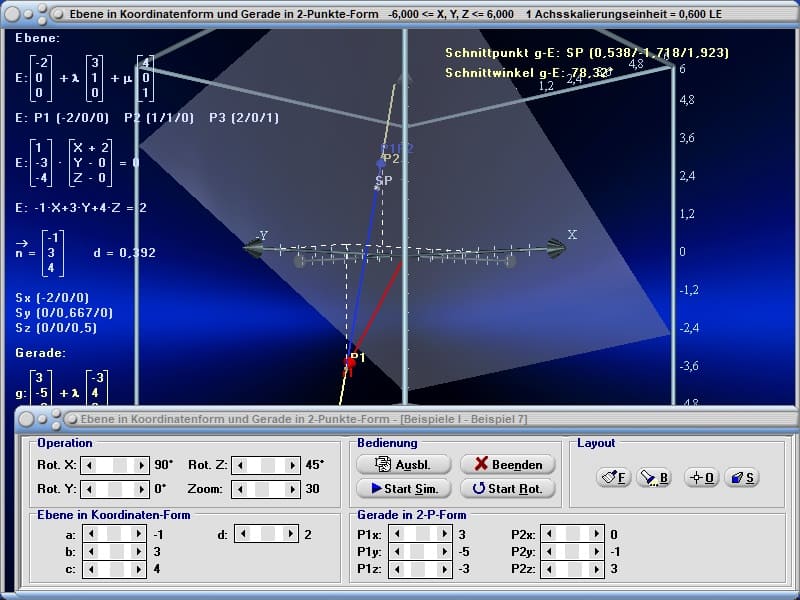 MathProf - Ebene - Ortsvektor einer Ebene bestimmen - Parallel zu einer Ebene liegende Geraden - Koordinaten - Vektorrechnung - Abstandsberechnung - Rechner - Berechnen - Zeichnen