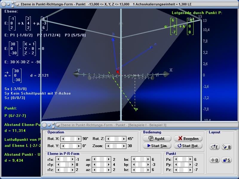 MathProf - Ebene - Ebene im Raum - Parameterform einer Ebene - Vektorielle Parametergleichung - Schnittpunkt von Gerade und Ebene - Lagebeziehung - Rechner - Berechnen - Zeichnen