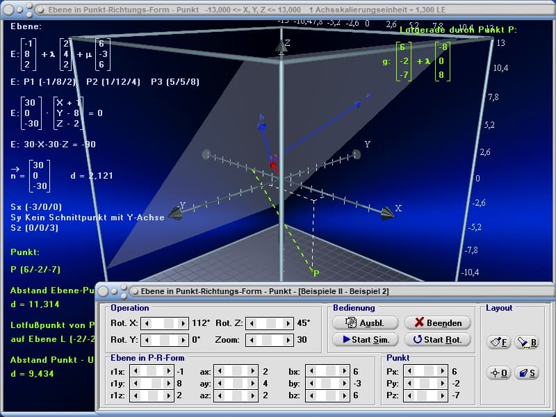 MathProf - Ebene - Stützvektor - Abstandsberechnung - Parameter - Ebene plotten - Ebene zeichnen - Punktprobe mit einer Ebene - Ebene und Vektoren - Rechner - Berechnen - Zeichnen