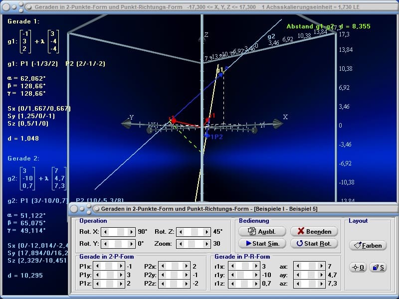 MathProf - Gerade - Geraden - Räumlich - Plotter - Rechner - Berechnen - Graph - Grafikrechner - Beispiel - Zeichnen - Plotten - Darstellen - Analyse - Lage einer Gerade