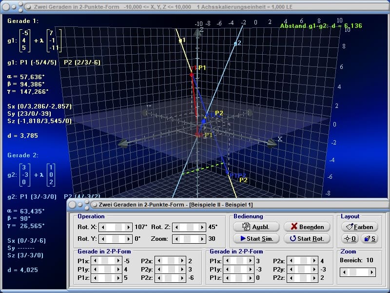 MathProf - Gerade - Geraden  - Distanz Punkt Gerade - Lagebeziehungen - Vektordarstellung - Vektorielle Darstellung von Geraden - Punkte bestimmen - Gerade - 3D - Rechner - Berechnen - Zeichnen