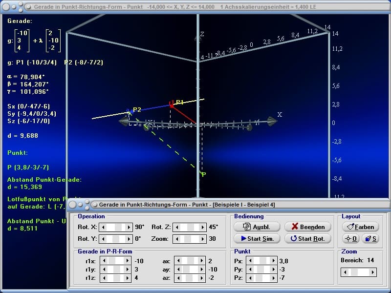 MathProf - Geraden - Gerade - Abstand - Distanz - Position - Winschief - Parallel - Windschiefe Geraden - Abstand windschiefer Geraden - Lot - Gleichung - Grafik - Rechner - Berechnen