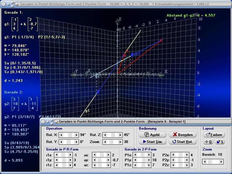 MathProf - Geraden - Gerade - Vektordarstellung - Vektorielle Darstellung von Geraden - Punkte bestimmen - Normalabstand Punkt Gerade - 3D - Geradengleichung - Aufstellen - Rechner - Berechnen