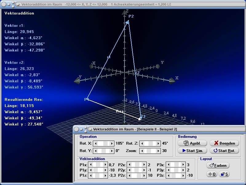 MathProf - Vektor - Vektoren - 3D - Zeichnen - Vektoren im Raum - Vektorrechner - Koordinaten - Winkel - Koordinatenursprung - Vektordarstellung 
