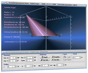 MathProf - Kegel - Schiefer Kegel - Fläche - Mantelfläche - Oberflächeninhalt - Grundfläche - Oberfläche - Mantel - Mantellinie - Seitenlänge - Seite - Volumen - Schwerpunkt - Flächeninhalt - Rauminhalt - Grundfläche - Flächenberechnung - Volumenberechnung - Höhe - Bild - Darstellen - Plotten - Graph - Rechner - Berechnen - Grafik - Zeichnen - Plotter