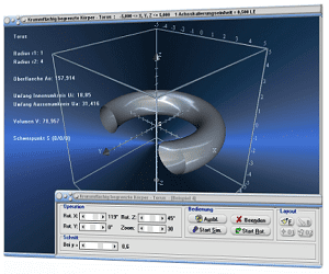 MathProf - Torus - Fläche - Mantelfläche - Oberflächeninhalt - Oberfläche - Mantel - Volumen - Schwerpunkt - Flächeninhalt - Rauminhalt - Flächenberechnung - Volumenberechnung - Rauminhalt - Bild - Darstellen - Plotten - Graph - Rechner - Berechnen - Grafik - Zeichnen - Plotter