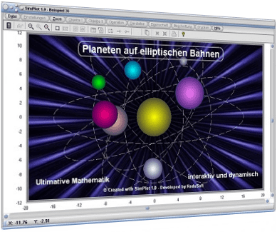 SimPlot - Planeten - Mars - Erde - Jupiter - Mond - Venus - Saturn - Ellipse - Elliptische Bahn - Simulation - Grafik - Bild - Darstellung - Animation - Software