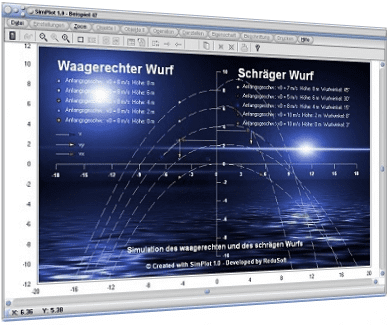 SimPlot - Plot - 2D - Grafik - Simulation - Darstellung - Schräger Wurf - Wurf - Schiefer Wurf - Bild - Plotter - Rechner - Berechnung - Bahn - Zeit - Diagramm