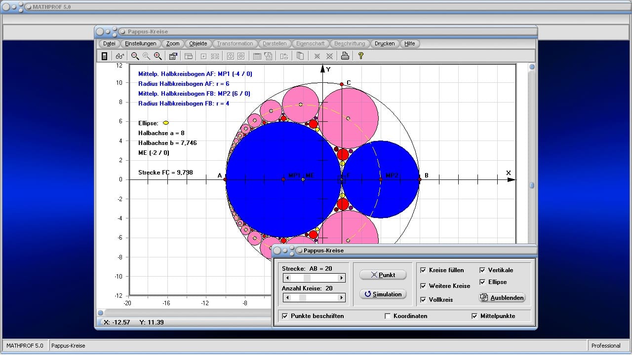 Pappus-Kreise - Bild 2 - Pappus-Ketten - Kreise im Kreis - Halbkreisbogen - Halbkreis - Darstellen - Plotten - Graph - Rechner - Berechnen - Grafik - Zeichnen - Plotter