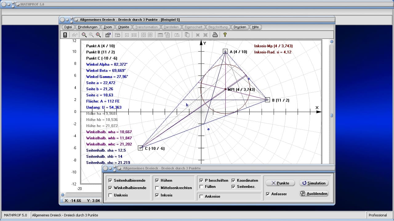 Allgemeines Dreieck - Bild 4 - Unregelmäßiges Dreieck - Winkel - Flächenschwerpunkt - Ungleichseitiges Dreieck - Winkelsumme - Seitenlängen - Seitenhalbierende - Darstellen - Plotten - Graph - Rechner - Berechnen - Grafik - Zeichnen - Plotter