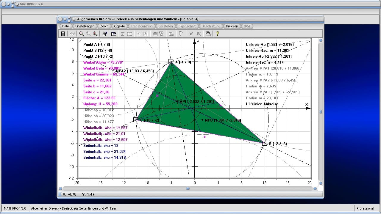 Allgemeines Dreieck - Bild 3 - Inkreis - Umkreis - Ankreise - Eigenschaften - Koordinaten - Dreiecksfläche - Winkelhalbierende - Inkreismittelpunkt - Inkreisradius - Umkreismittelpunkt - Umkreisradius - Umfang - Darstellen - Plotten - Graph - Rechner - Berechnen - Grafik - Zeichnen - Plotter