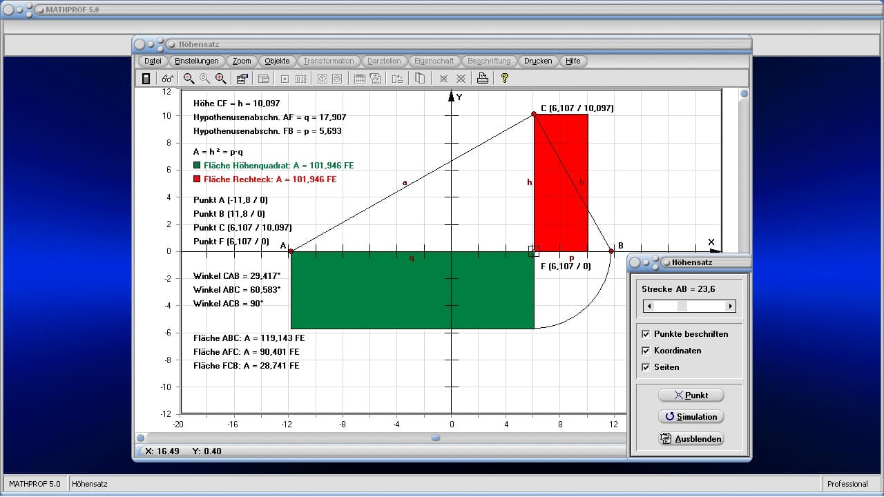 Höhensatz - Bild 2 - Fläche - Flächeninhalt - Geometrie - p - q - Formel - Rechteck - Darstellung - Berechnen - Rechner - Darstellen - Plotter - Graph - Grafisch - Zeichnen - Bild - Grafik