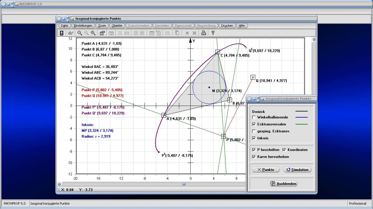 Isogonal konjugierte Punkte - Bild 2 - Kurve - Isogonale Punkte - Ecktransversalen - Dreieck - Berechnen - Graph - Grafisch - Bild - Zeichnen - Eigenschaften - Definition - Rechner - Beispiel - Grafik - Darstellung - Berechnung - Darstellen