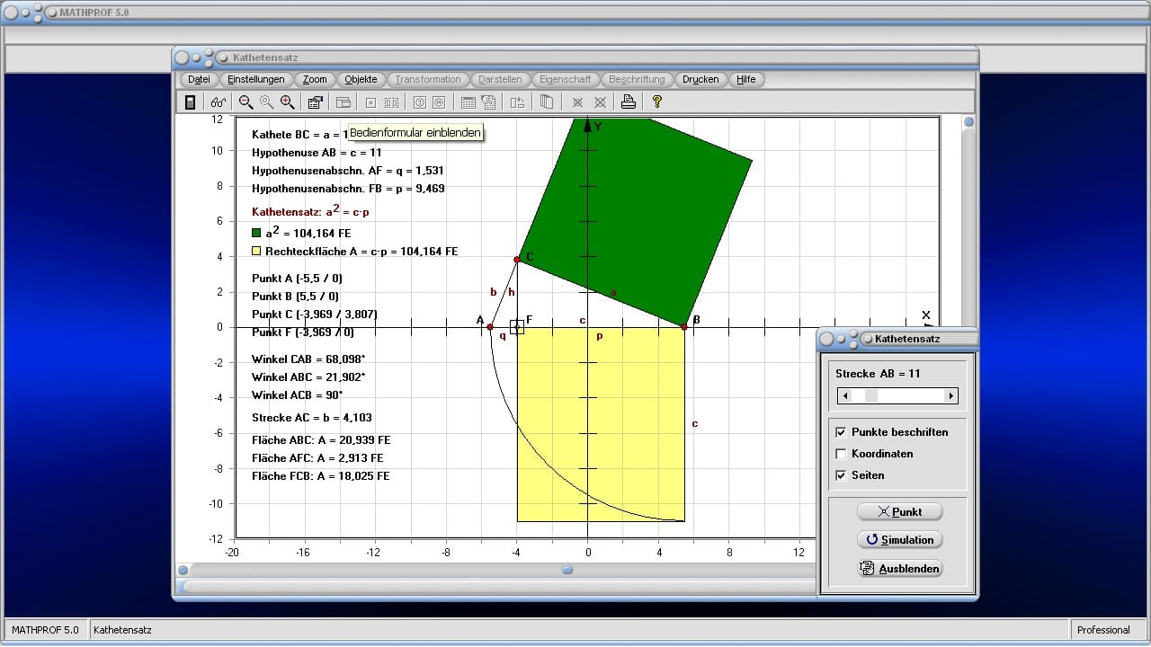 Kathetensatz - Bild 2 - Flächeninhalt - Rechteck - Formel - Plot - Beweis - Flächensätze - Darstellung - Berechnung - Beschreibung - Berechnen - Winkel - Darstellen - Graph - Zeichnen - Animation - Beispiel - Grafisch - Bild - Grafik - Rechner