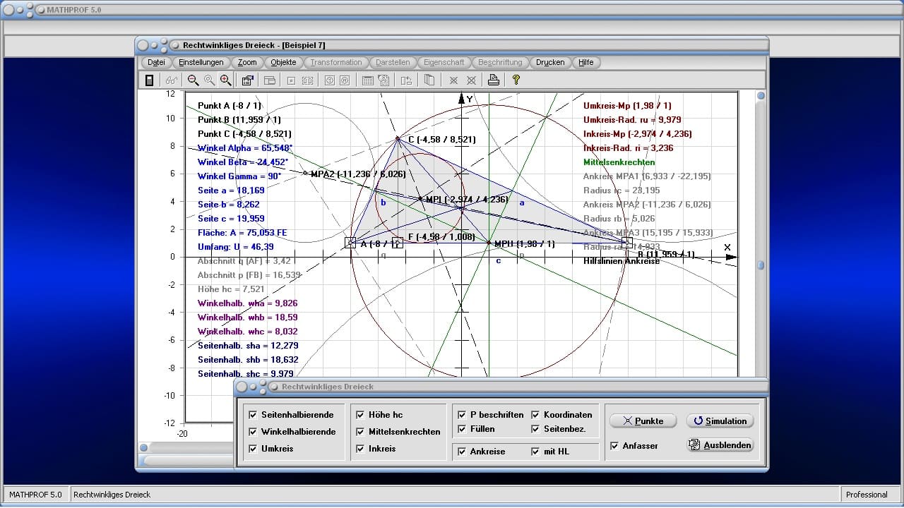 Rechtwinklige Dreiecke - Bild 3 - Gesuchte Winkel - Umkreisradius - Inkreisradius - Außenkreis - Dreieckswinkel - Dreieckshöhe - Dreiecksfläche - Höhenbestimmung - Mittelsenkrechte - Inkreis - Umkreis - Darstellen - Plotten - Graph - Rechner - Berechnen - Grafik - Zeichnen - Plotter