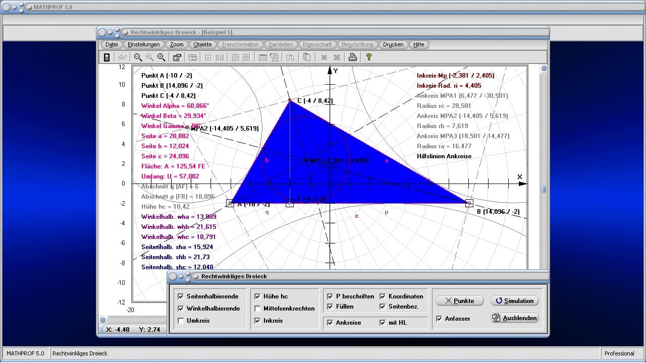Rechtwinkliges Dreieck - Bild 4 - Dreieckshöhe - Hypotenusenabschnitt - Flächenformel - Seitenberechnung - Höhenwinkel - Neigungswinkel - Mittelsenkrechte - Hypotenusenabschnitt - Darstellen - Plotten - Graph - Rechner - Berechnen - Grafik - Zeichnen - Plotter