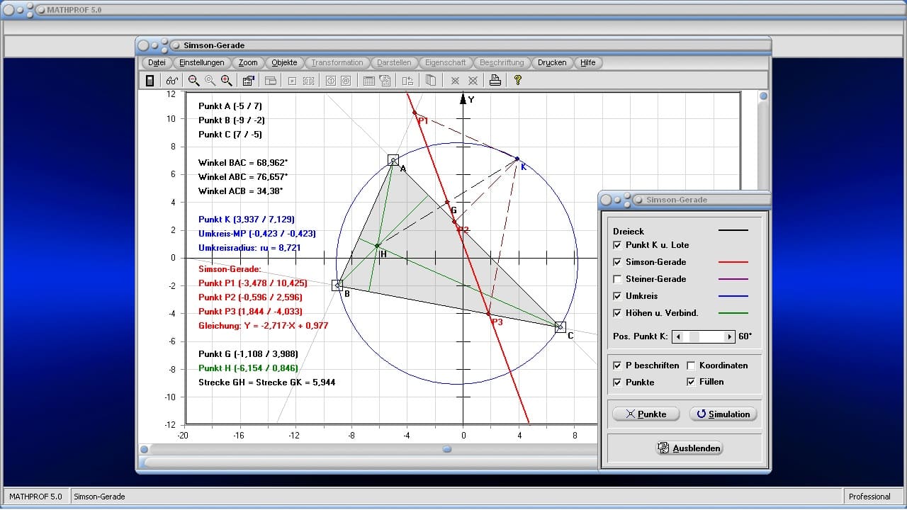 Simson-Gerade - Bild 1 - Steiner-Gerade - Steinersche Gerade - Dreieck - Konstruktion - Konstruieren - Berechnen - Graph - Grafisch - Bild - Rechner - Beschreibung - Definition - Grafik - Darstellung - Zeichnen - Eigenschaften - Berechnung - Darstellen