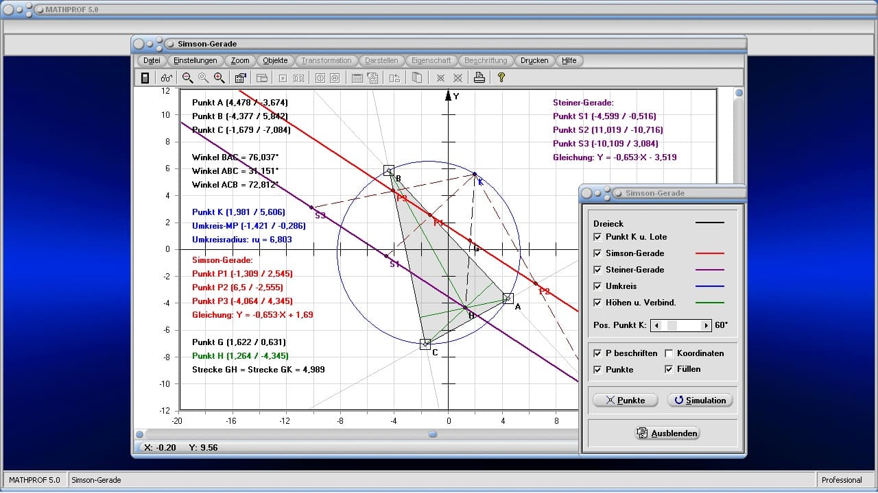Simson-Gerade - Bild 2 - Steiner-Gerade - Steinersche Gerade - Dreieck - Konstruktion - Konstruieren - Berechnen - Graph - Grafisch - Bild - Rechner - Beschreibung - Definition - Grafik - Darstellung - Zeichnen - Eigenschaften - Berechnung - Darstellen