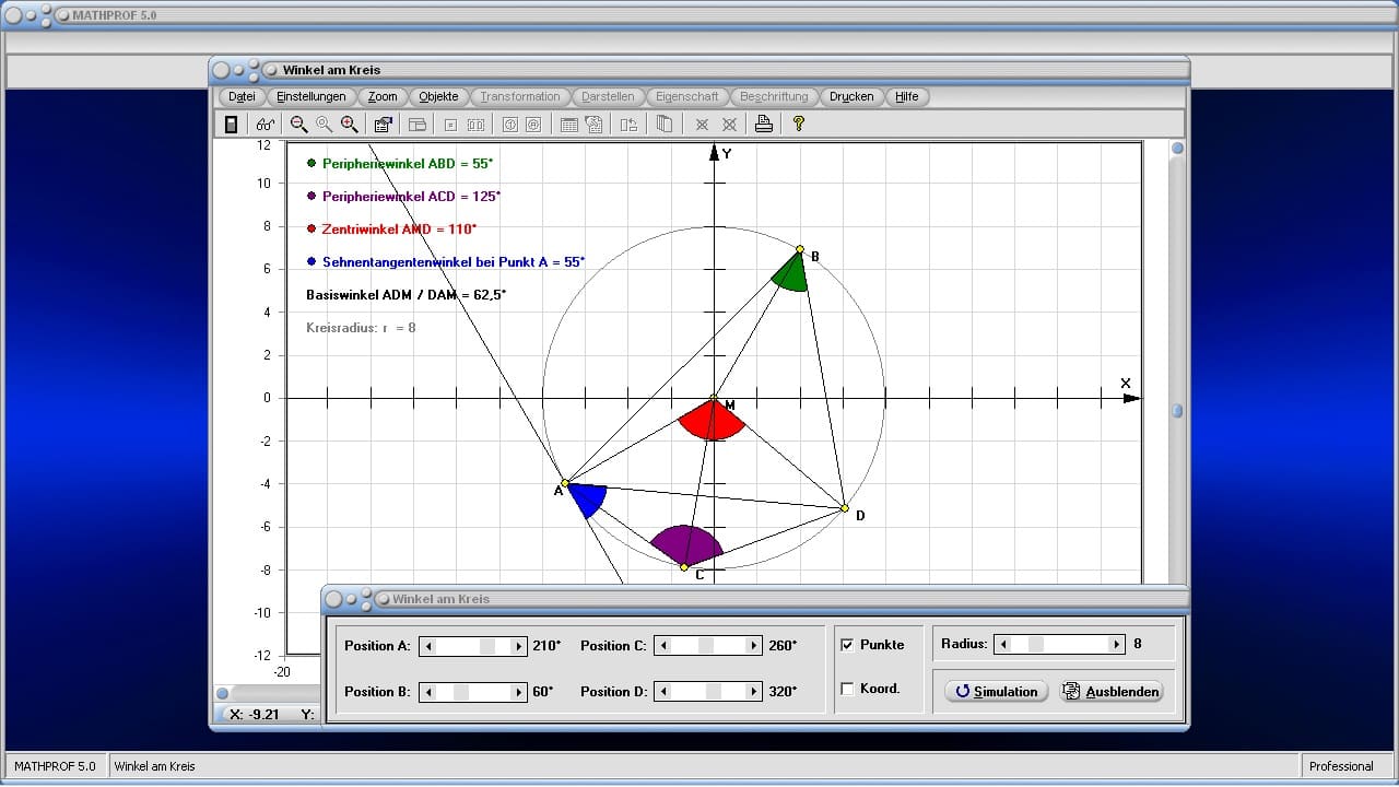 Winkel im Kreis - Bild 1 - Winkelsumme - Kreiswinkel - Kreis - Winkel - Winkelsatz - Winkelberechnungen am Kreis - Umfangswinkel - Zentriwinkel - Basiswinkel - Umfangswinkelsatz - Peripheriewinkel - Peripheriewinkelsatz - Sehnentangentenwinkel - Sehnenwinkel - Mittelpunktswinkel  - Bild - Darstellen - Plotten - Graph - Rechner - Berechnen - Grafik - Zeichnen - Plotter