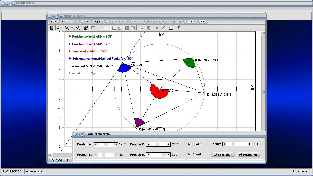 Winkel im Kreis - Bild 2 - Winkel - Summe - Kreiswinkel - Kreis - Winkelsatz - Umfangswinkel - Zentriwinkel - Basiswinkel - Umfangswinkelsatz - Peripheriewinkel - Peripheriewinkelsatz - Sehnentangentenwinkel - Sehnenwinkel - Mittelpunktswinkel - Rechner - Grafik - Definition - Eigenschaft - Beispiel - Graph - Plotten - Darstellung - Berechnen - Darstellen - Sehnentangentenwinkelsatz