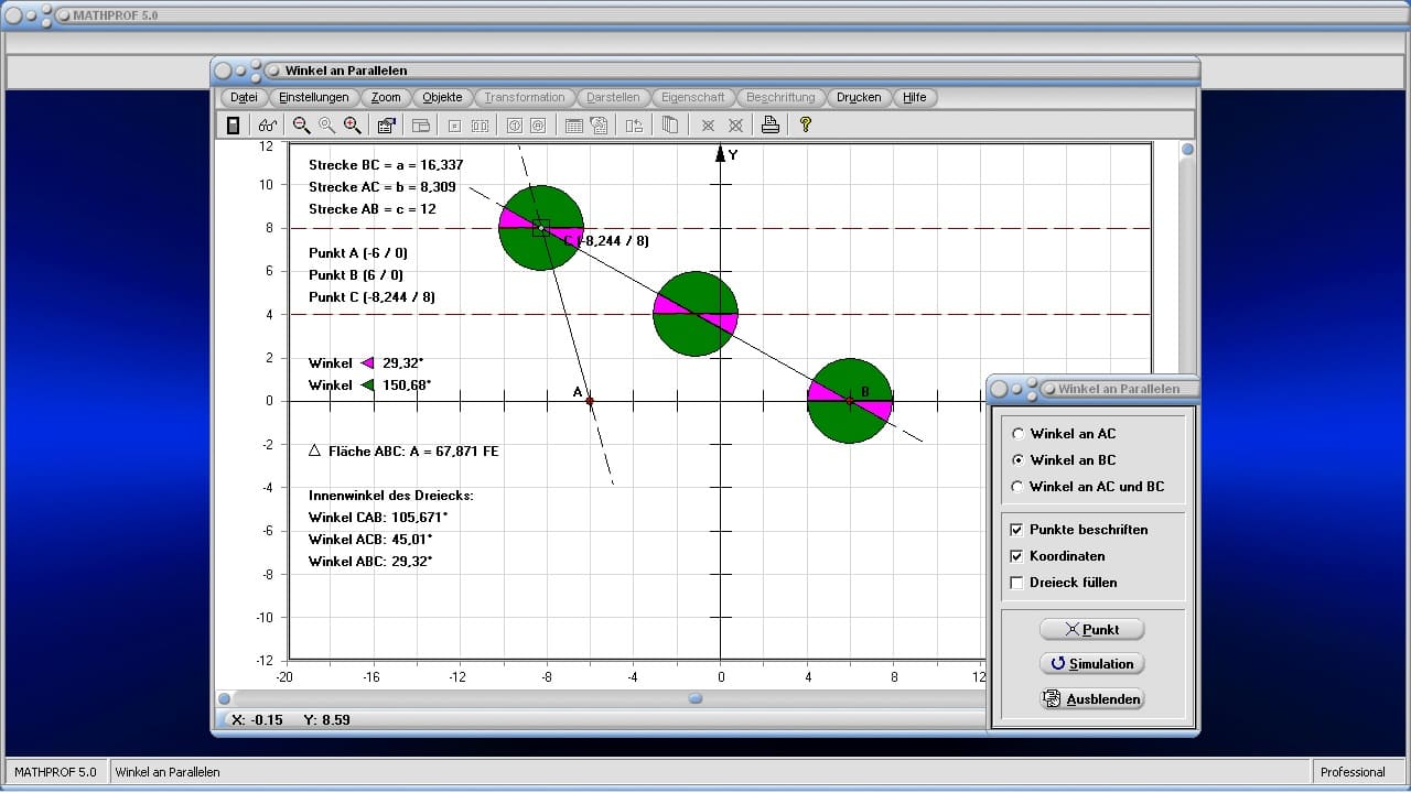 Winkel an Parallelen - Bild 2 - Nebenwinkel - Scheitelwinkel - Scheitelwinkelsatz - Spitzer Winkel - Stumpfer Winkel - Innenwinkel - Außenwinkel - Winkelsumme - Winkeltypen - Darstellen - Plotten - Graph - Rechner - Berechnen - Grafik - Zeichnen - Plotter