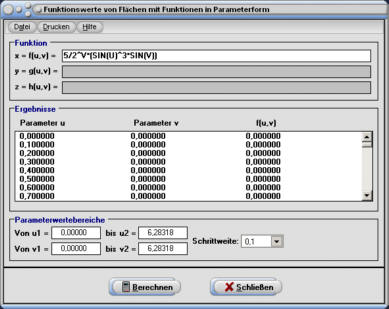  MathProf - Funktionen - Parameter - Parameterform - 3D-Fläche - Flächenfunktionen - Berechnen - Werte - Wertetabelle - Funktionswerte - Tabelle - Funktion - 3D - Rechner - Berechnen