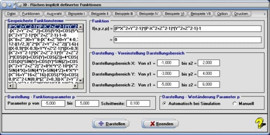 MathProf - Krumme Fläche - Implizite Funktionen - 3D - Zeichnen - Darstellen - Plotten - Plotter - Grafisch - Animationen - Simulation - f(x,y,z) - Parameter - Berechnen - Rechner