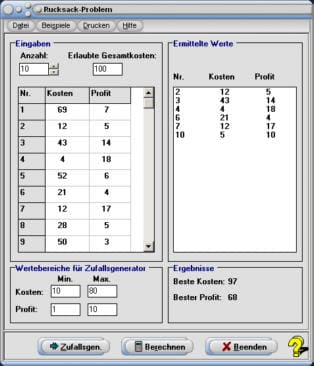 MathProf - Rucksackproblem - Rucksack - Problem - Optimierungsaufgabe - Optimierungsaufgaben - Rechner - Berechnen - Lösung - Tabelle - Erklärung