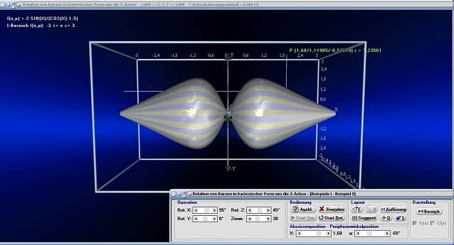 MathProf - Rotationskörper - Rotationsvolumen - Drehkörper - Mantelfläche - Oberfläche - Rauminhalt - Drehung um x-Achse - Volumenintegral - Volumen - Integral - Rotation um x-Achse - Bogenlänge - 3D-Grafik - 3D-Plotter - 3D-Plot - Integralrechnung - Zeichnen - Plotter - Rechner - Berechnen - Schaubild - 1