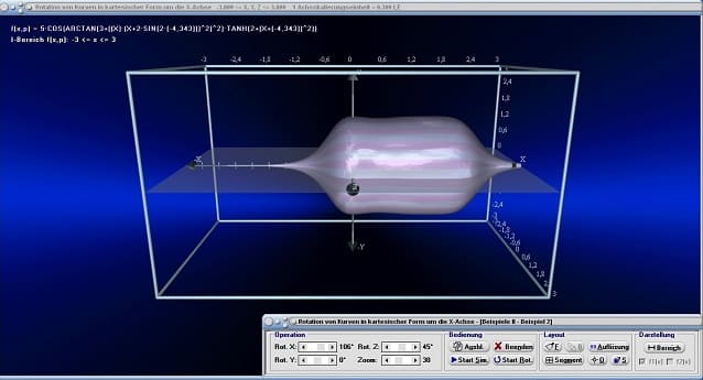 MathProf - Rotationskörper - Rotationsvolumen - Drehkörper - Mantelfläche - Oberfläche - Rauminhalt - Drehung um x-Achse - Volumenintegral - Volumen - Integral - Rotation um x-Achse - Bogenlänge - 3D-Grafik - 3D-Plotter - 3D-Plot - Integralrechnung - Zeichnen - Plotter - Rechner - Berechnen - Schaubild - 2
