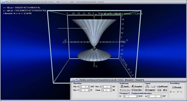 MathProf - Rotationskörper - Drekkörper - Parameterkurven - Parametergleichungen - Parameterform - Parameterdarstellung - Kurven - Volumen - Körper - Animation - Fläche - Mantelfläche - Oberfläche - Schwerpunkt - Rauminhalt - Drehung um y-Achse - Integralrechnung - Integral - Volumen - Rotationsvolumen - Rotation um y-Achse - Bogenlänge - Grafisch - Darstellen - Plotten - Graph - Grafik - Zeichnen - Plotter - Rechner - Berechnen - Schaubild - 1