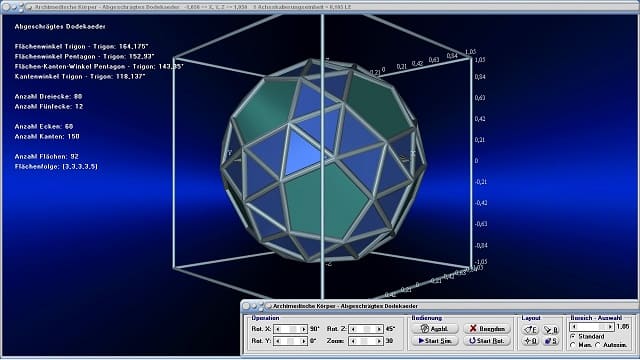 MathProf - Abgeschrägtes Dodekaeder - Körper des Archimedes - Bild - Flächenwinkel - Kantenwinkel - Volumen - Flächen - Punkte - Kanten - Flächen - Ecken - Eigenschaften - Formeln - Winkel - Tabelle - Rechner - Berechnen