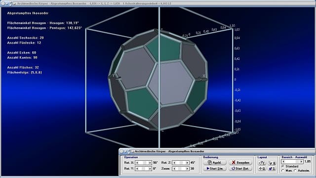 MathProf - Abgestumpftes Ikosaeder - Ikosaederstumpf - Fußball - Bild - Flächenwinkel - Kantenwinkel - Volumen - Flächen - Punkte - Kanten - Flächen - Ecken - Eigenschaften - Formeln - Winkel - Tabelle - Darstellen - Zeichnen - Rechner - Berechnen