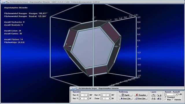 MathProf - Abgestumpftes Oktaeder - Oktaederstumpf - Bild - Flächenwinkel - Kantenwinkel - Volumen - Flächen - Punkte - Kanten - Flächen - Ecken - Eigenschaften - Formeln - Winkel - Tabelle - Darstellen - Zeichnen - Rechner - Berechnen