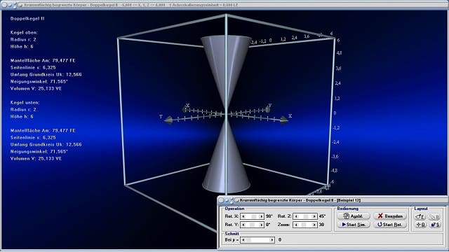 MathProf - Doppelkegel - Kegelberechnung - Variante - Flächeninhalt - Volumen - Mantelfläche - Oberfläche - Radius - Umfang - Schwerpunkt - Grundfläche - Rauminhalt - Eigenschaften - Formeln - Darstellen - Plotten - Graph - Grafik - Zeichnen - Plotter - Rechner - Berechnen - Schaubild