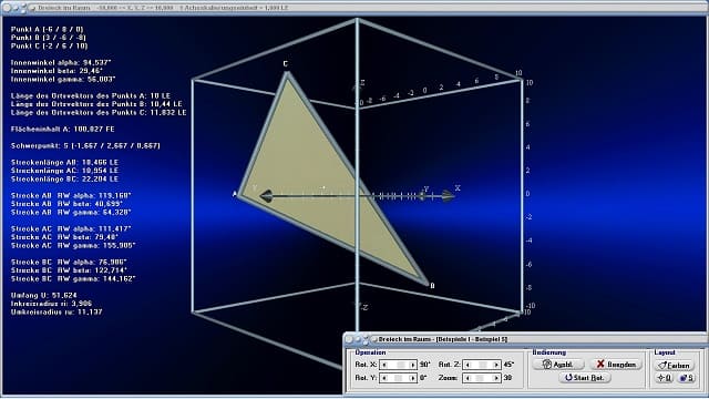MathProf - Dreieck im Raum - Dreidimensionales Dreieck - Räumliche Geometrie - Raumgeometrie - Stereometrie - 3D - Dreieck - Dreidimensional - Schwerpunkt - Fläche - Mittelpunkt - Eigenschaften - Darstellen - Zeichnen - Rechner - Berechnen - Schaubild