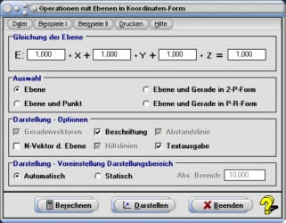 MathProf - Ebene - Koordinatenform - Schnittpunkt - Gerade - Abstand - Winkel - Senkrecht - Parallel - Spurpunkte