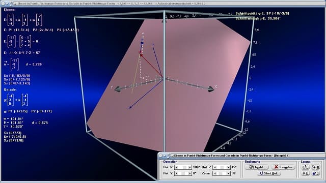 MathProf - Ebene - Parameterform einer Ebene - Vektorielle Parametergleichung - Schnittpunkt von Gerade und Ebene - Lagebeziehung Ebene-Ebene - Lagebeziehung Punkt-Ebene - Lagebeziehung Ebene-Punkt - Abstand Punkt-Ebene - Schnitt einer Ebene und einer Gerade - Vektoren - Spannvektoren - Dreidimensional - 3D - Rechner - Graph - Grafisch - Bild - Plotter - Darstellung - Präsentation - Berechnung - Untersuchen - Berechnen - Rechner