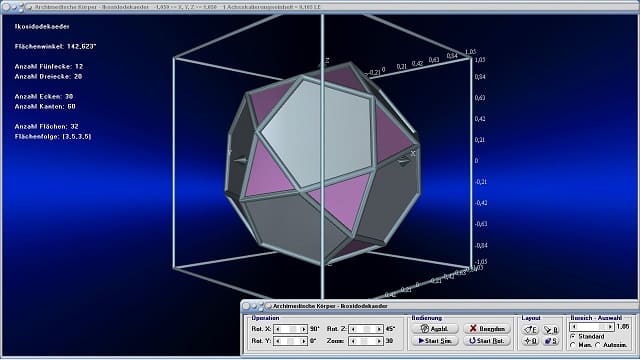 MathProf - Archimedische Körper - Ikosidodekaeder - Bild - Flächenwinkel - Kantenwinkel - Volumen - Flächen - Punkte - Kanten - Flächen - Ecken - Eigenschaften - Formeln - Winkel - Tabelle - Darstellen - Zeichnen - Rechner - Berechnen