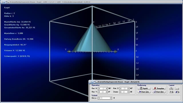 MathProf - Kegel - Kreiskegel - Definition - Mantelfläche - Oberflächeninhalt - Flächenberechnung - Oberflächenberechnung - Kegelhöhe - Kegelmantel - Flächeninhalt - Volumen - Oberfläche - Mantellinie - Radius - Umfang - Schwerpunkt - Grundfläche - Rauminhalt - Kegelvolumen - Eigenschaften - Formeln - Darstellen - Plotten - Graph - Grafik - Zeichnen - Plotter - Rechner - Berechnen - Schaubild