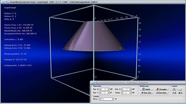 MathProf - Kegelstumpf - Kreiskegelstumpf - Definition - Flächeninhalt - Volumen - Oberfläche - Mantelfläche - Radius - Umfang - Schwerpunkt - Grundfläche - Rauminhalt - Eigenschaften - Formeln - Darstellen - Plotten - Graph - Grafik - Zeichnen - Plotter - Rechner - Berechnen - Schaubild