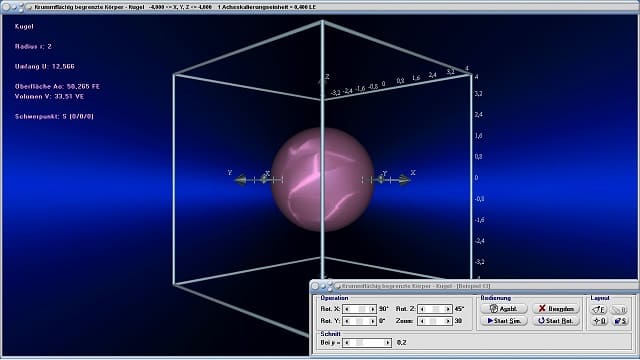 MathProf - Kugel  - Flächeninhalt - Oberflächeninhalt - Flächenberechnung - Oberflächenberechnung - Volumen - Oberfläche - Radius - Umfang - Schwerpunkt - Rauminhalt - Kugeloberfläche - Kugelvolumen - Mantelfläche - Eigenschaften - Formeln - Darstellen - Plotten - Graph - Grafik - Zeichnen - Plotter - Rechner - Berechnen - Schaubild