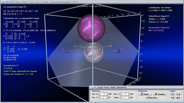 MathProf - Schnitt Kugel Ebene - Oberfläche einer Kugel - Polarebene einer Kugel - Normalenvektor - Koordinatengleichung einer Kugel - Abstand Kugel-Ebene - Schnitt einer Kugel und einer Ebene - Vektordarstellung - Schnittkreis einer Kugel und einer Ebene - 3D - Rechner - Berechnen