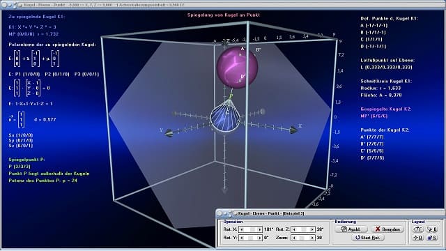MathProf - Kugel - Berührpunkt - Spiegelung einer Kugel an einer Ebene - Lagebeziehungen im Raum - Lagebeziehung Kugel Punkt - Lage Kugel Ebene - Kugelgeometrie - Lagebeziehung Ebene Kugel - Schnittkreis - Spurpunkte einer Ebene - Abstand - Punkte - Graph - Bild - Zeichnen - Berechnung - Vektoren - R3 - Darstellen - Grafisch - Rechner - Berechnen - Plotten - Schnitt Kugel Ebene - Tangentialebene - Bestimmen - Gegenseitige Lage